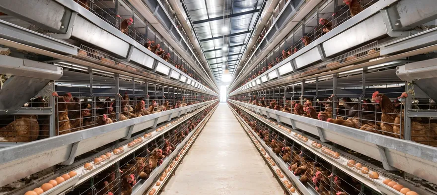 Lorong kandang ayam petelur tipe H bertingkat berisi ayam, dengan sabuk telur di setiap tingkat