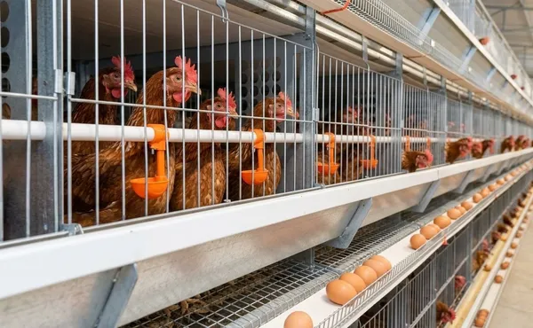 Ayam petelur di kandang bertingkat dengan nipel minum dan telur di sabuk telur
