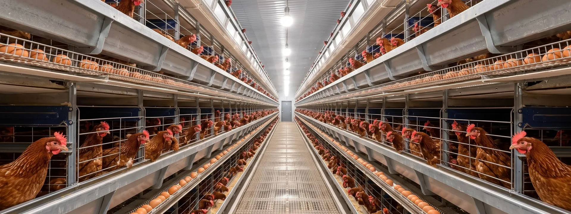 Lorong kandang ayam petelur tipe H bertingkat berisi ayam, dengan sabuk telur di setiap tingkat